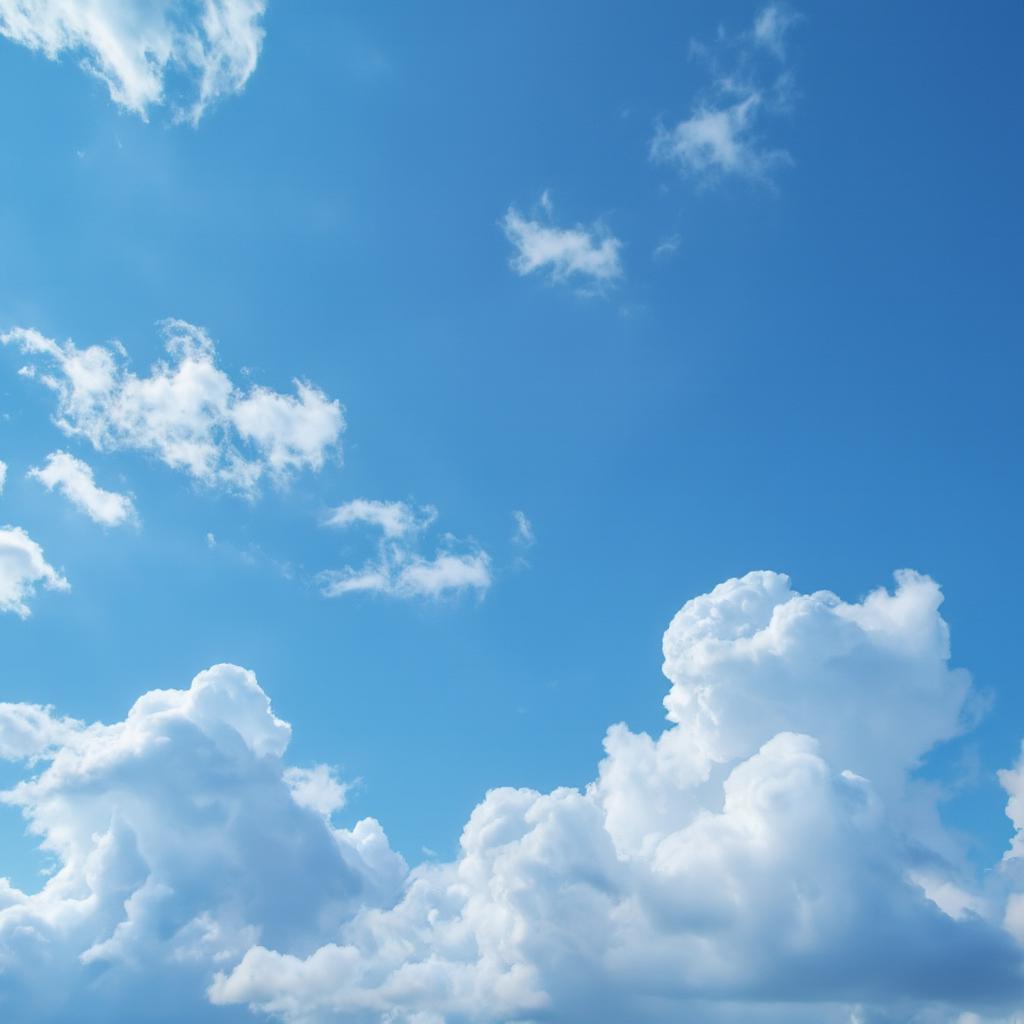 A bright blue sky with fluffy white clouds, evoking a sense of peace and tranquility.