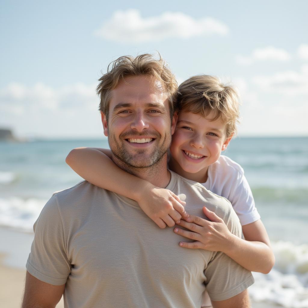 Two brothers embracing on a sunny beach, showcasing a strong bond of love and affection