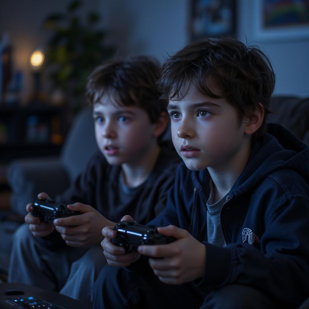 Two brothers enjoying playing video games together, showcasing their shared interests and fun times.