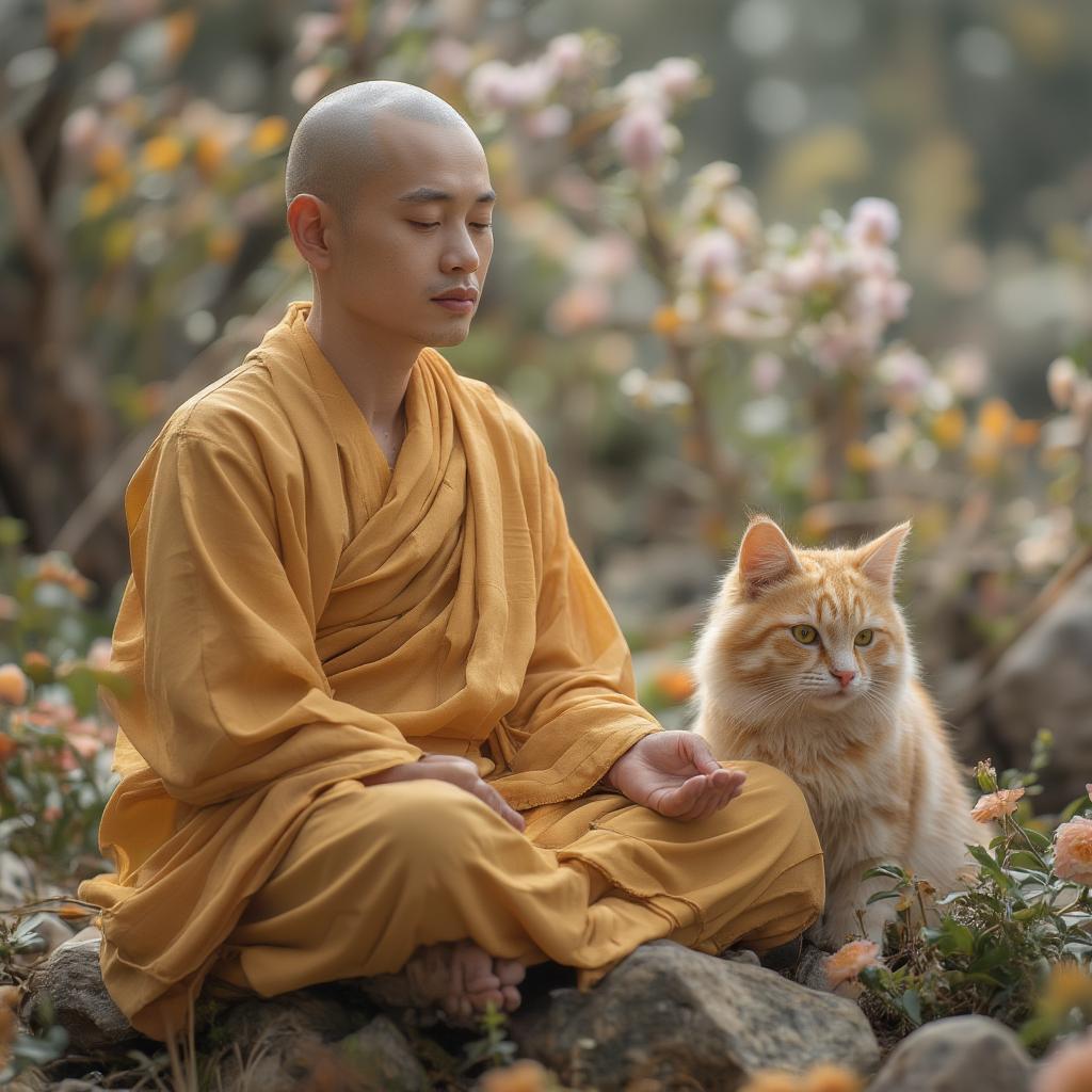 Buddhist Monk Meditating with Cat by his Side