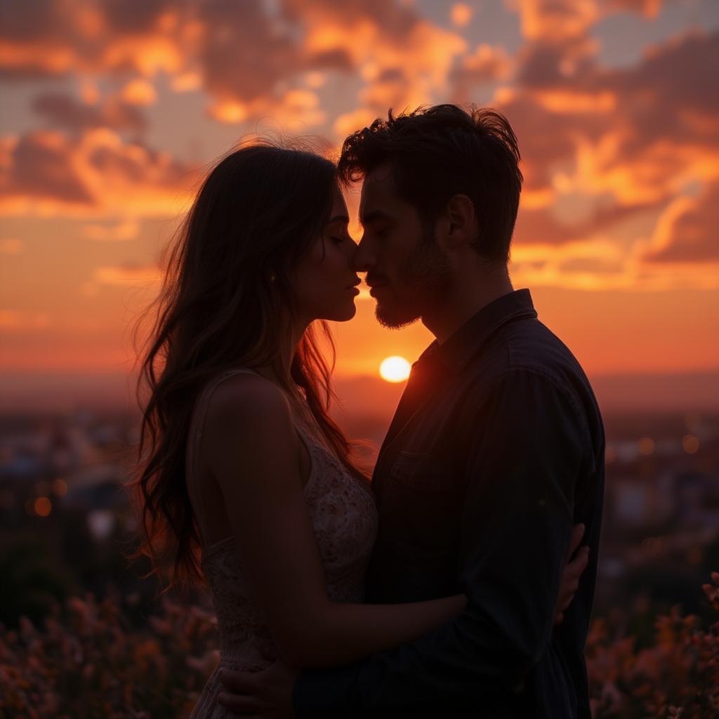 Couple watching sunset, embracing, finding peace in each other's company