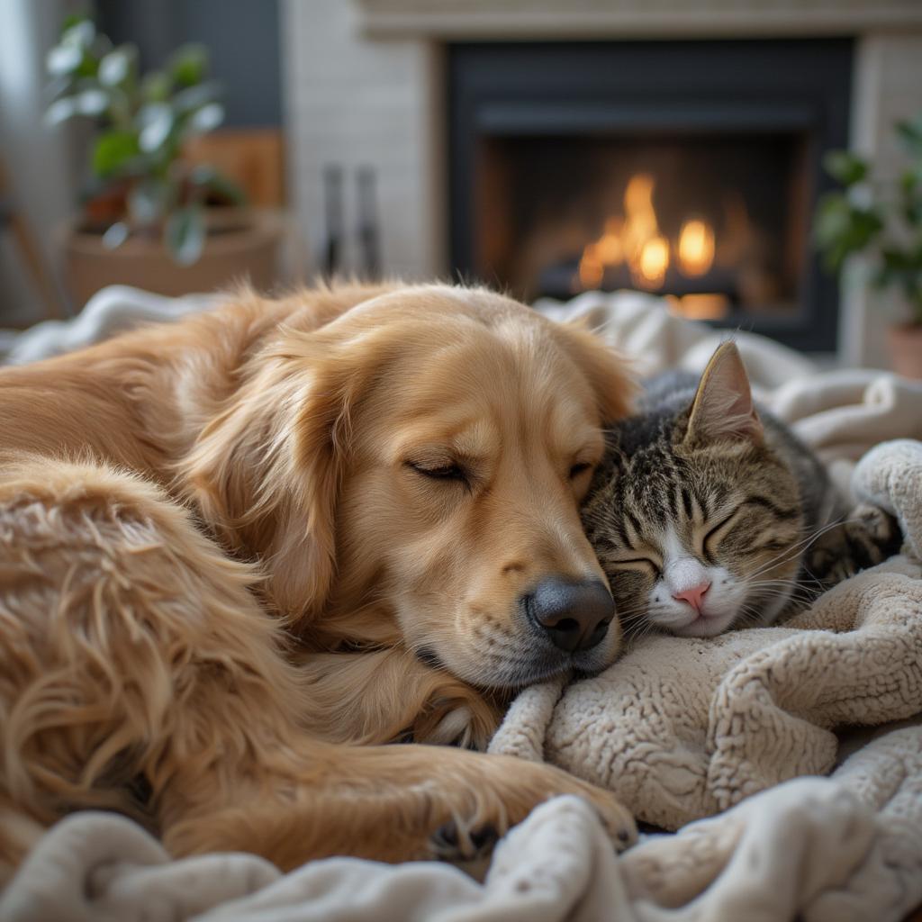 Cat and Dog Best Friends Cuddling