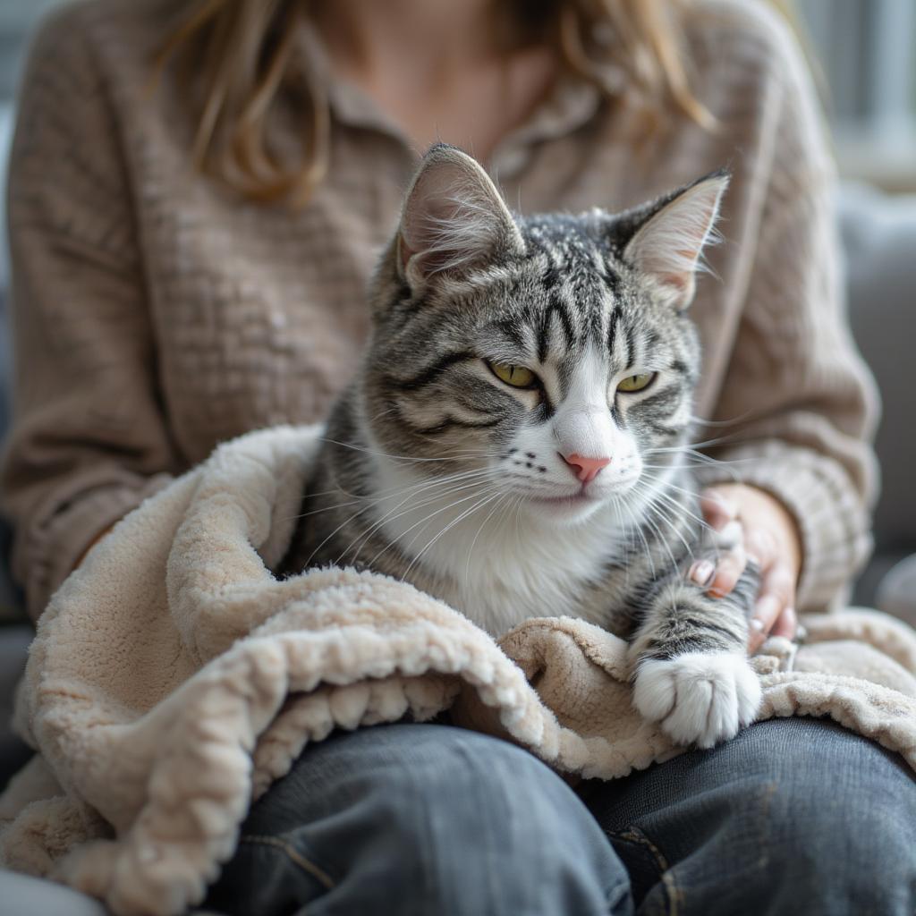 Cat kneading a blanket on owner's lap