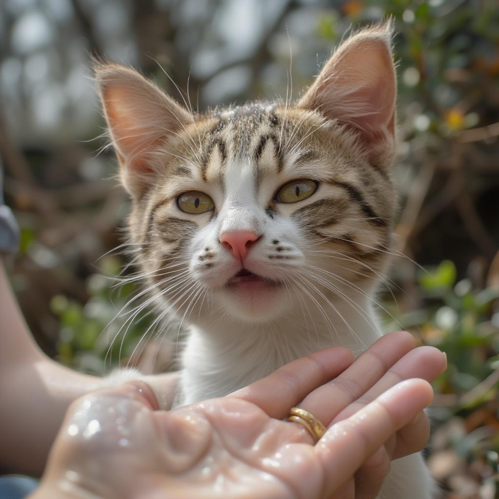 A cat gently nipping its owner's hand during a petting session