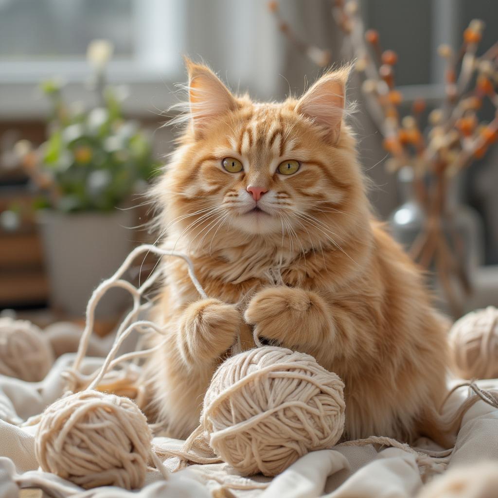 Cat playing with a ball of yarn