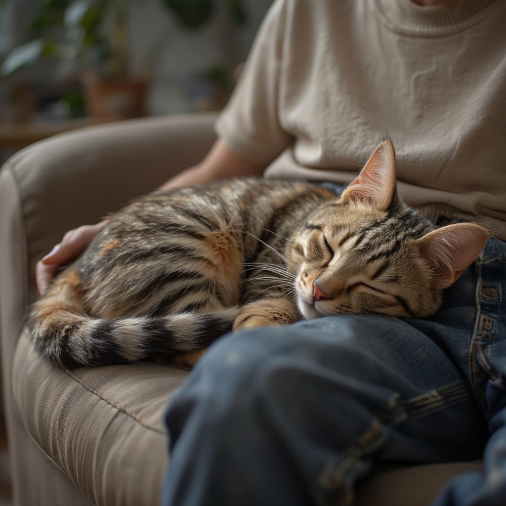 Cat Sleeping Near Owner Showing Affection