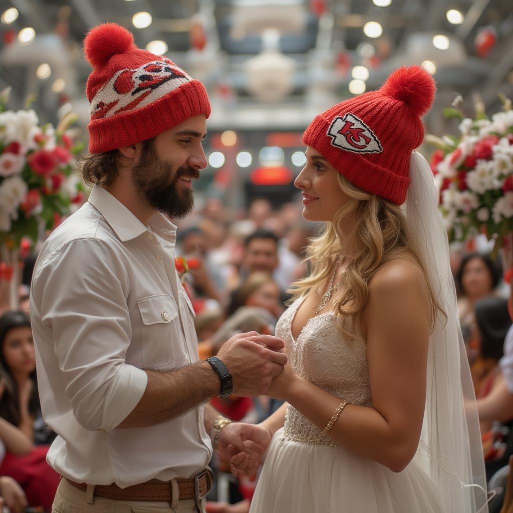 Couple getting married in Chiefs-themed wedding