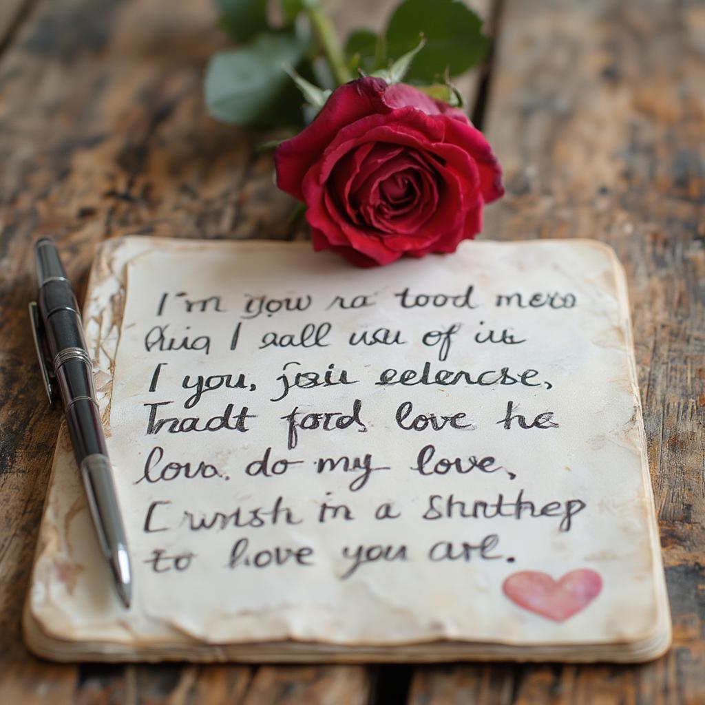 A handwritten card with a Christian love quote, a pen beside it, and a single red rose, signifying a personal and heartfelt expression of love.