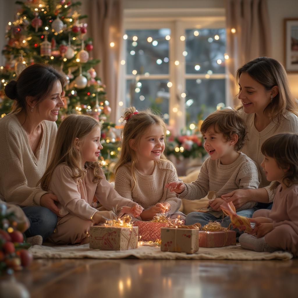 A family gathered around a Christmas tree, exchanging gifts and sharing warm embraces.