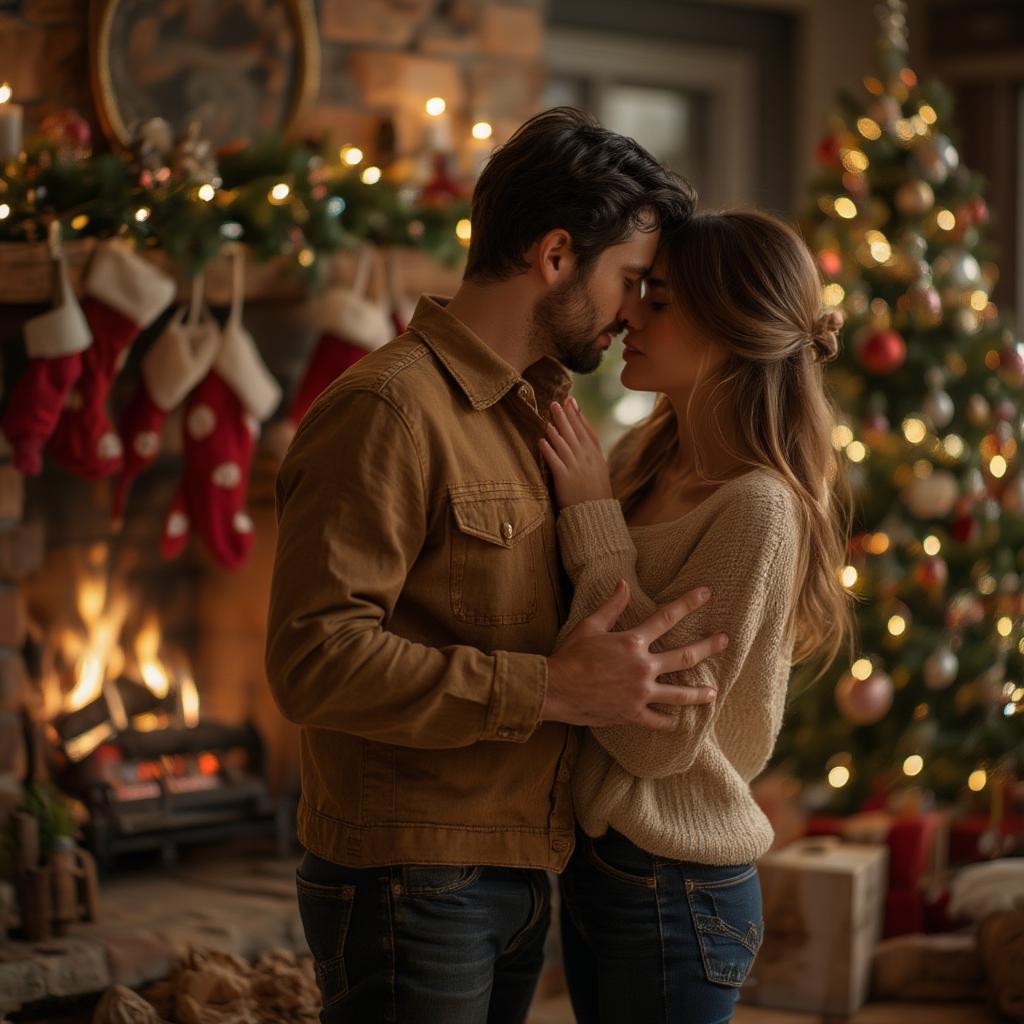 Couple Embracing by the Fireplace on Christmas Eve