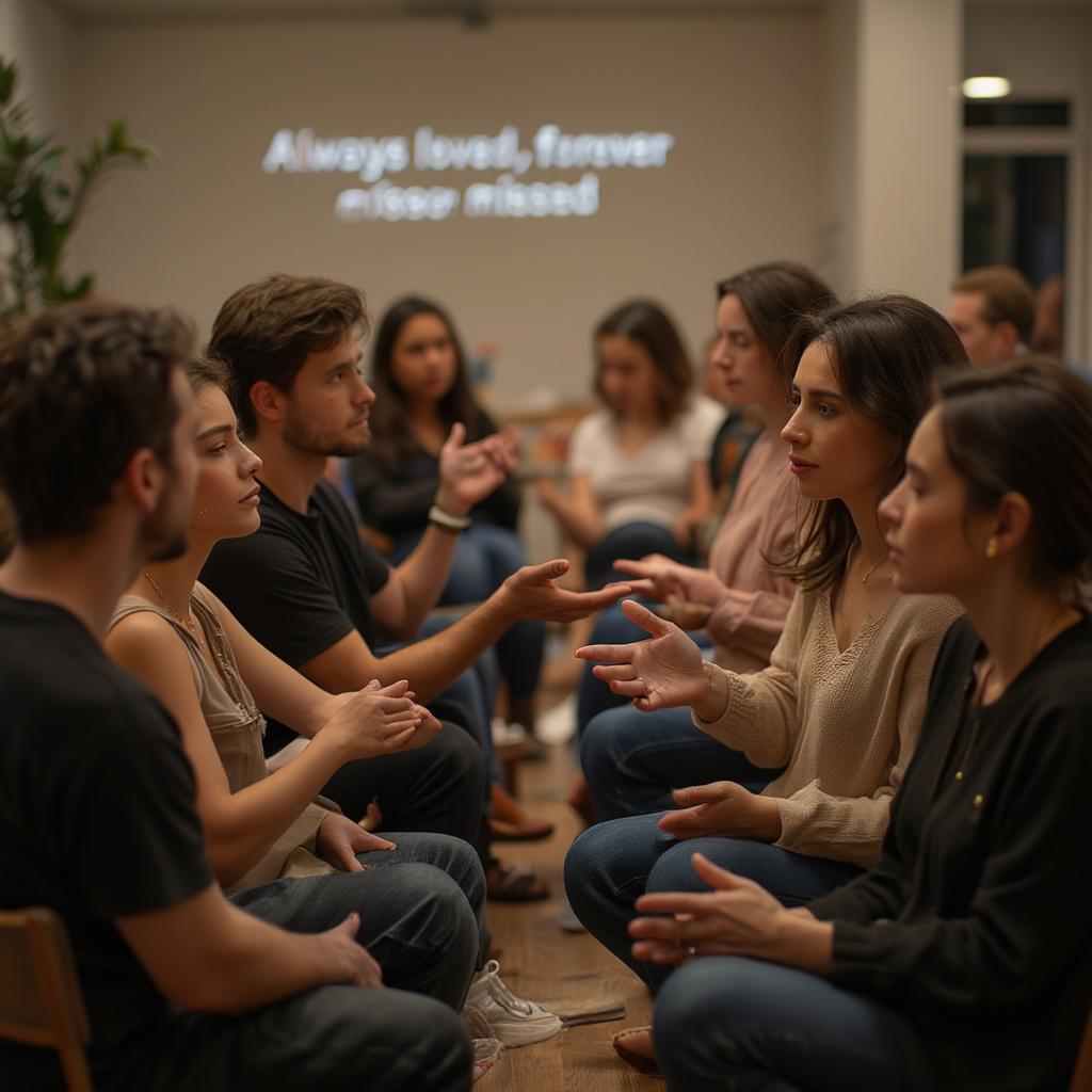 People in a grief support group finding comfort and connection through sharing "always loved forever missed" quotes.