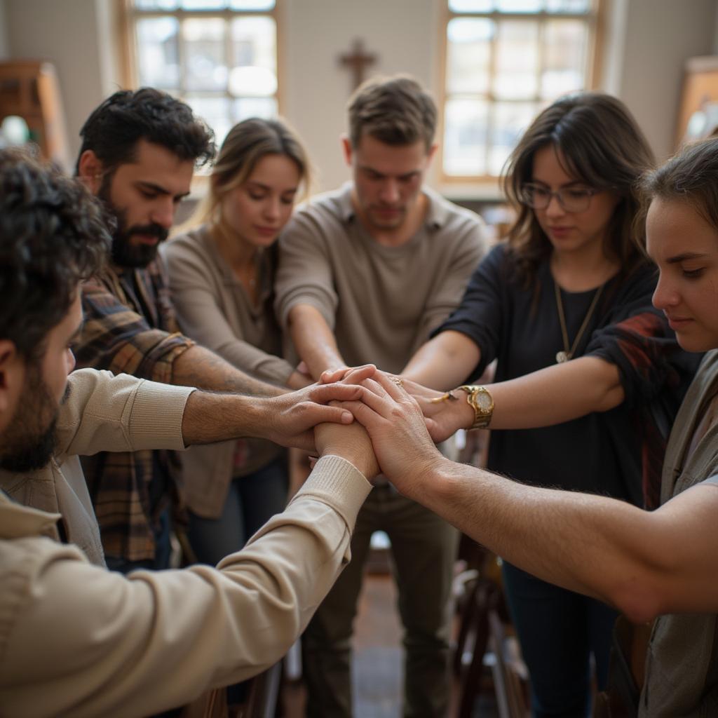 Finding support within a faith community - People gathered in a circle, holding hands and praying together.  The atmosphere is warm and supportive, fostering a sense of belonging and connection.