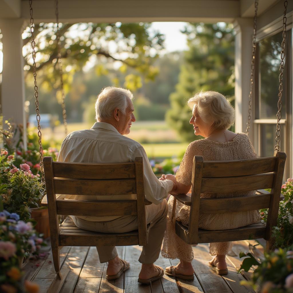 An elderly couple holding hands on their porch, reminiscing about their love story.