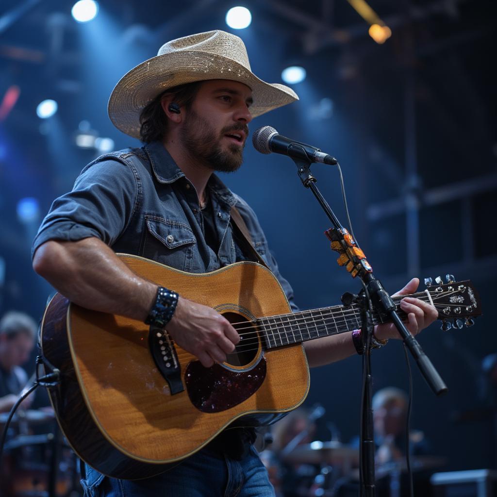 A country singer performing on stage with a guitar, sharing stories of love and heartbreak through music.