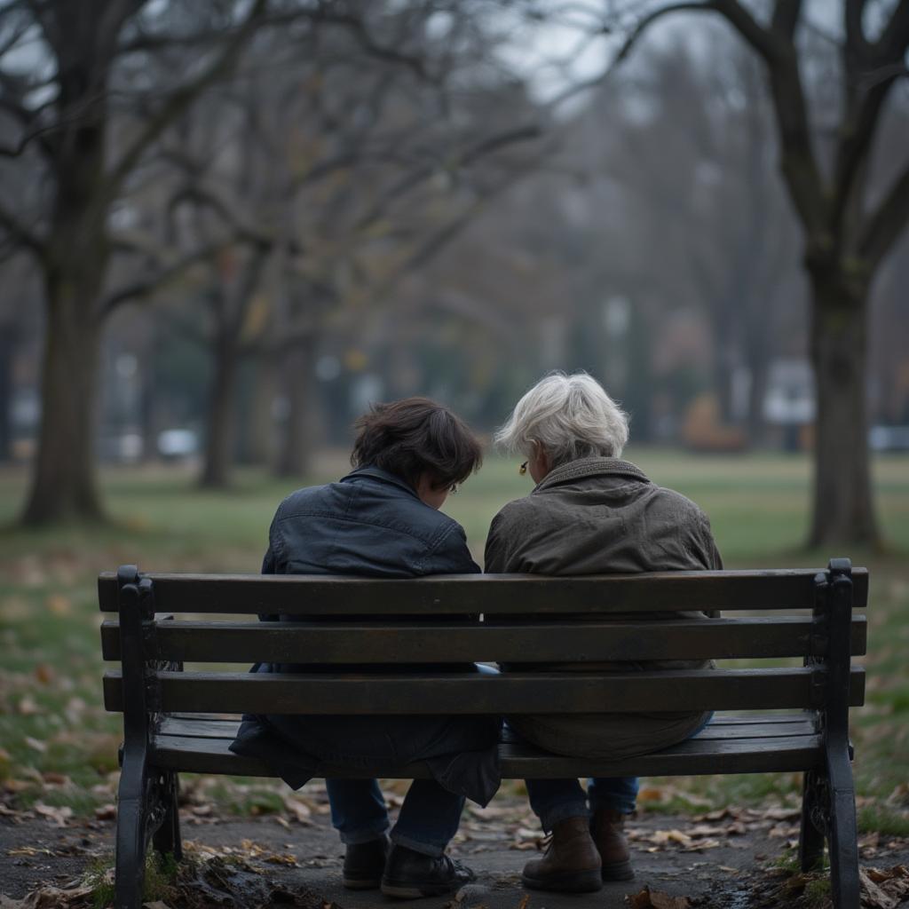 A couple sits on a park bench, facing away from each other, symbolizing their separation.