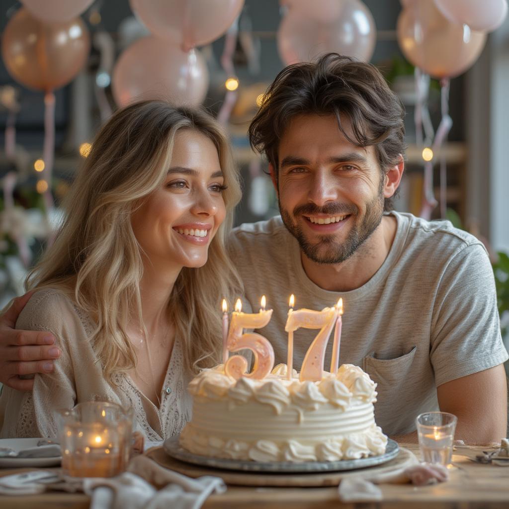 Couple celebrating their anniversary with a cake decorated with the number 57