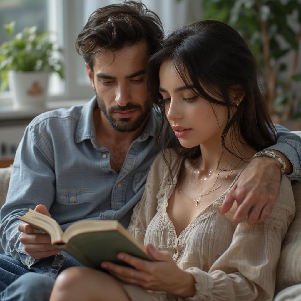 A couple sitting together, one reading a love quote from a book to the other, providing comfort and support. 