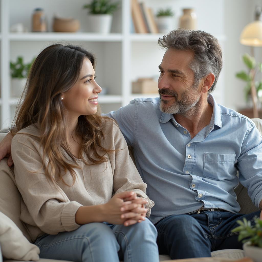 A couple talking and listening attentively, demonstrating open communication.