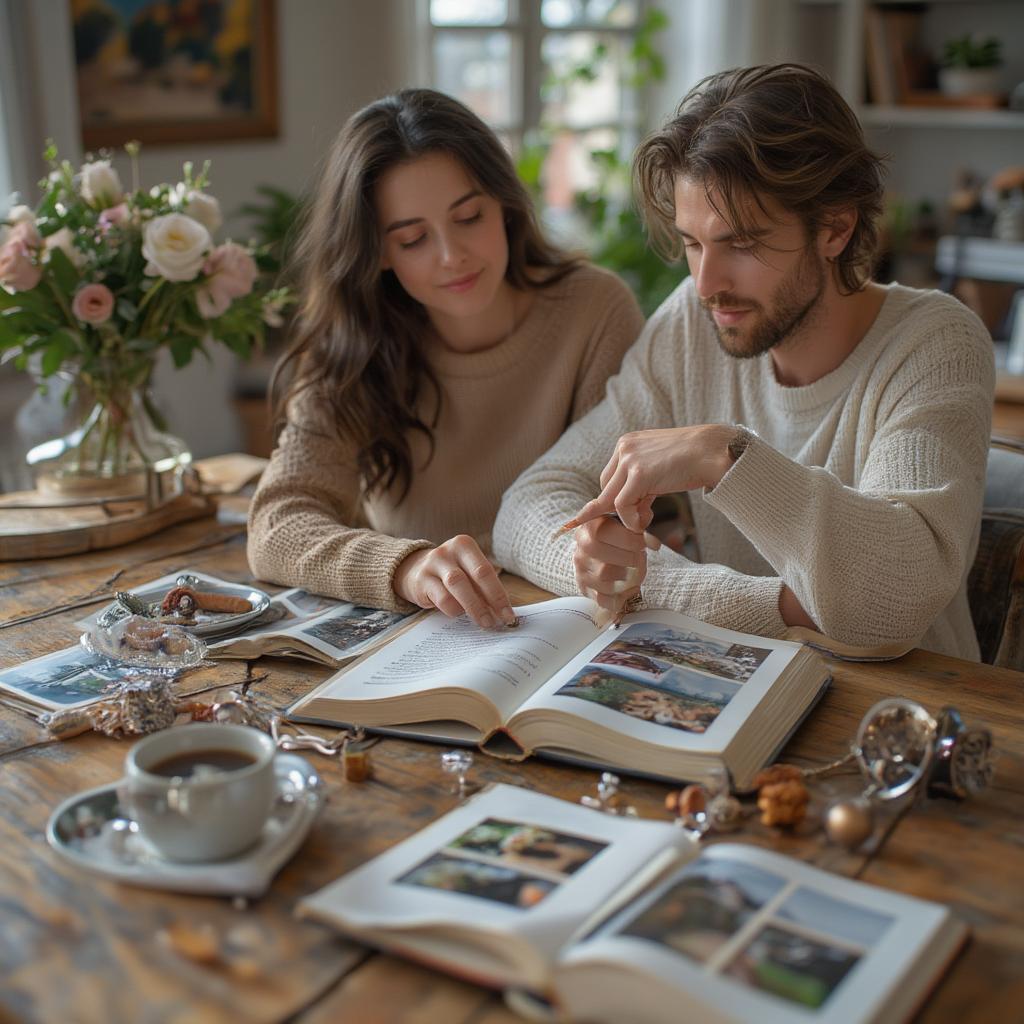 Couple Creating Travel Scrapbook with Love Quotes