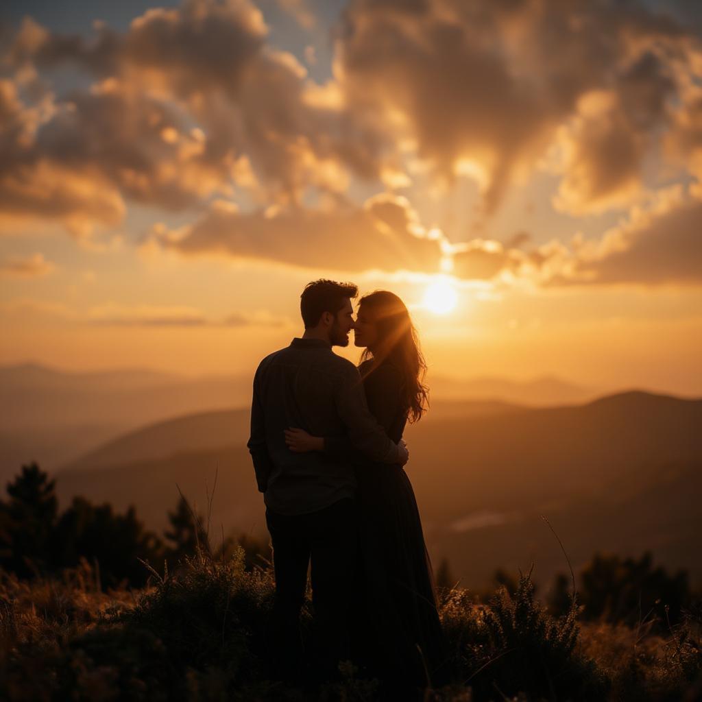 A couple embraces against a vibrant sunset backdrop, symbolizing the beauty and romance of love.