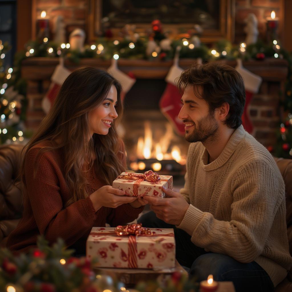 Couple Exchanging Christmas Gifts by the Fireplace