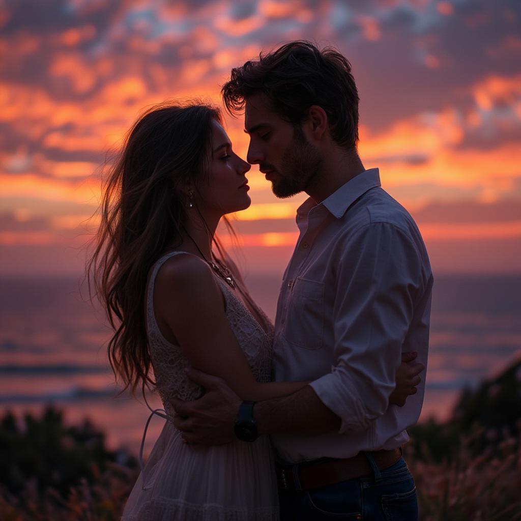 Couple embracing at sunset with a romantic quote overlaid