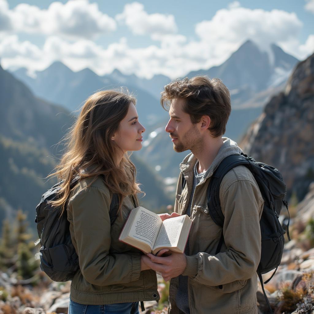 Couple Hiking a Mountain and Reading Quotes