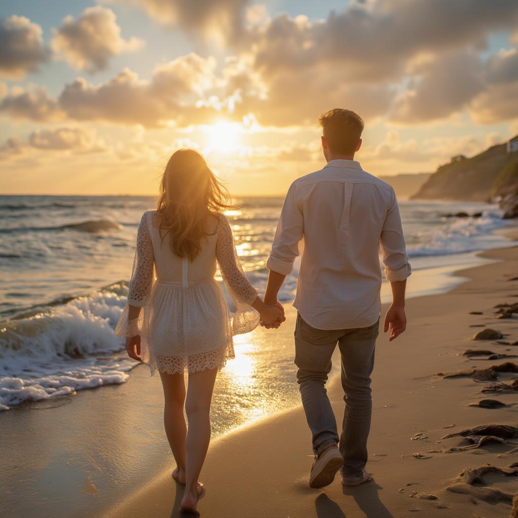 Couple Holding Hands Walking on Beach