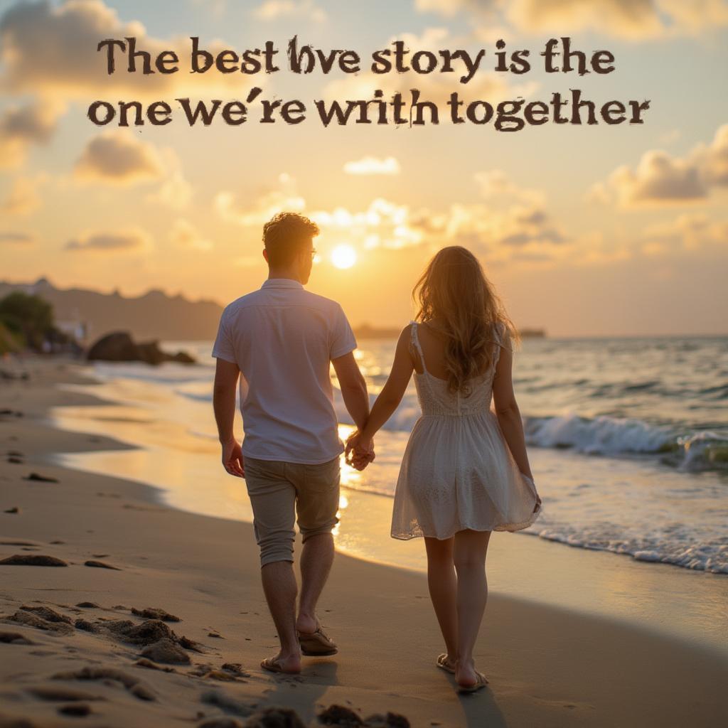 Couple Holding Hands on Beach with Inspiring Love Quote