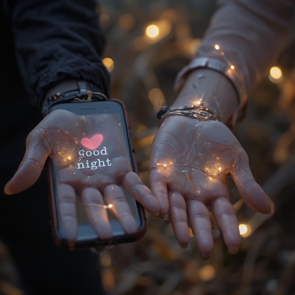 Couple holding hands while looking at a good night text message