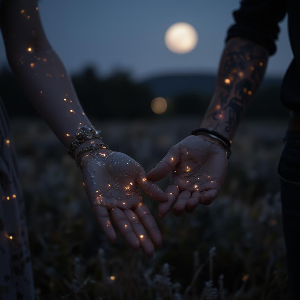 Couple holding hands under the moonlight