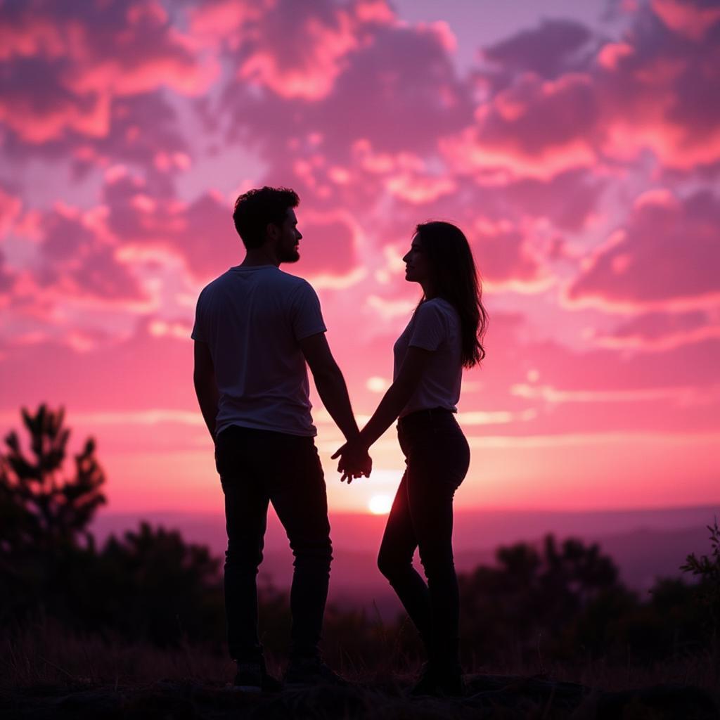 Couple holding hands against a pink sunset