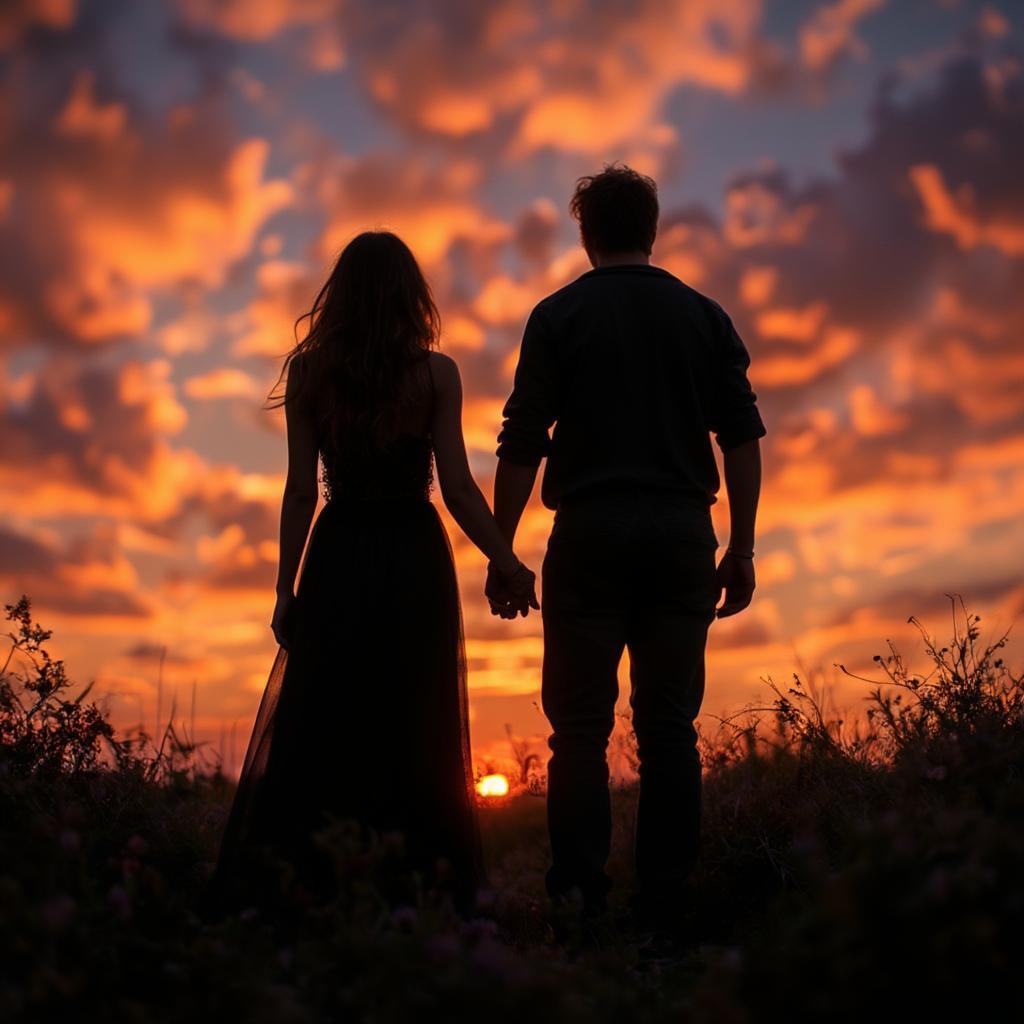 A couple holding hands while watching a sunset