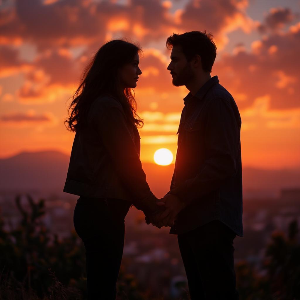 Couple holding hands at sunset