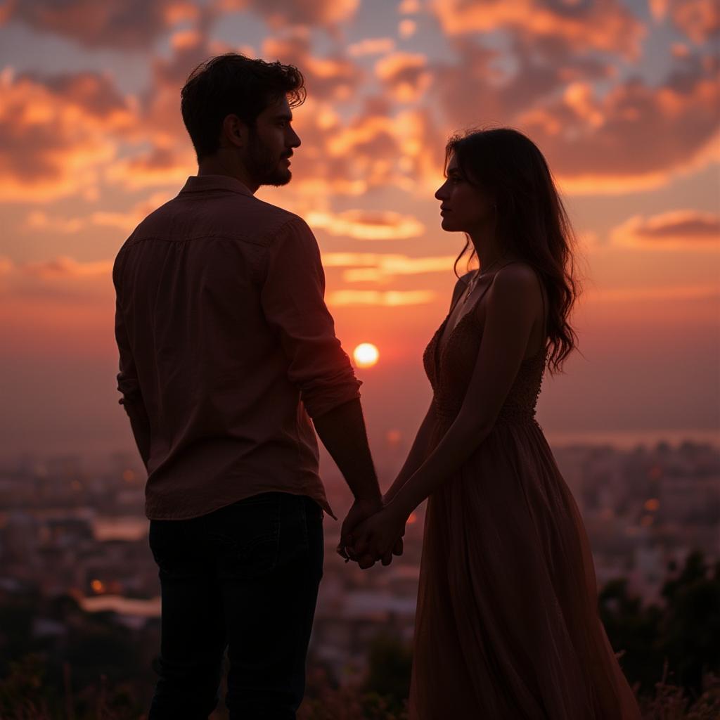 A couple holding hands while watching a sunset, a symbol of lasting love.