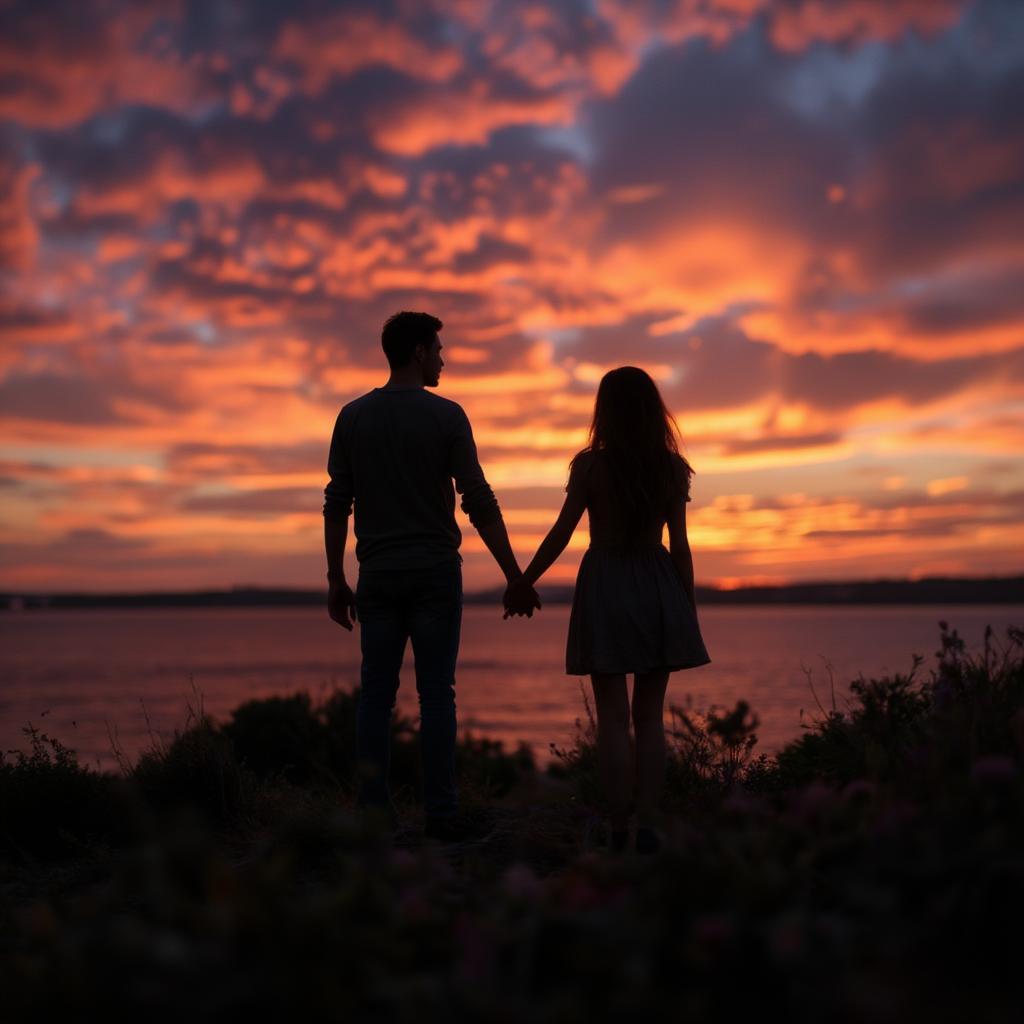 Couple holding hands against a sunset backdrop