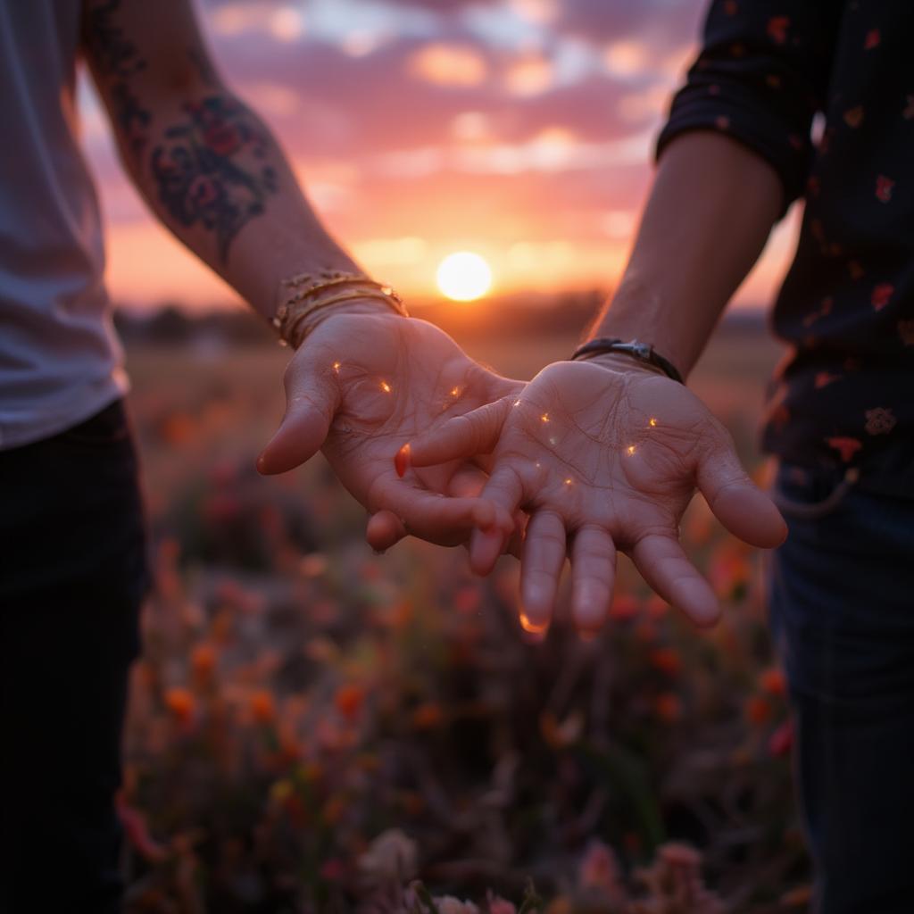 A couple holding hands at sunset.