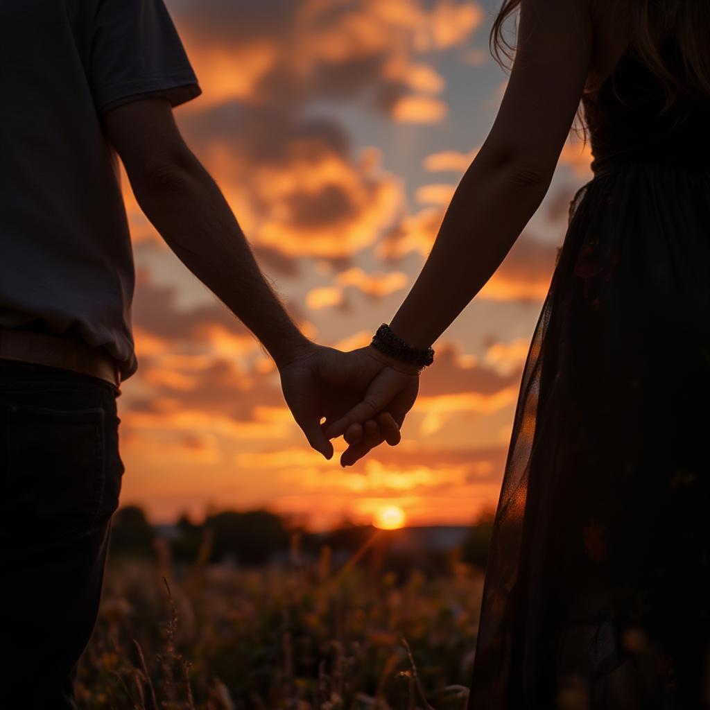 Couple holding hands at sunset, a visual representation of the power of love and connection expressed through words.