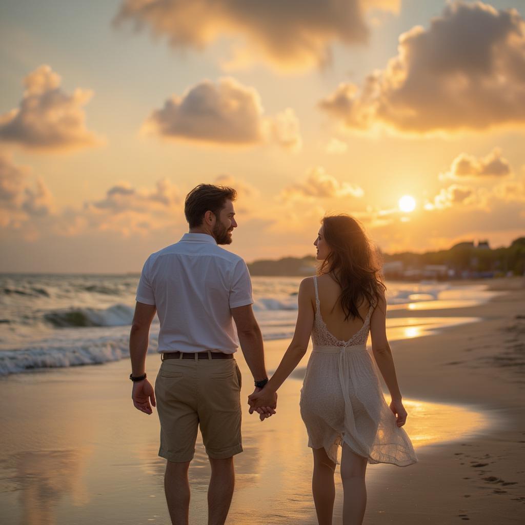 Couple Holding Hands at Sunset on the Beach