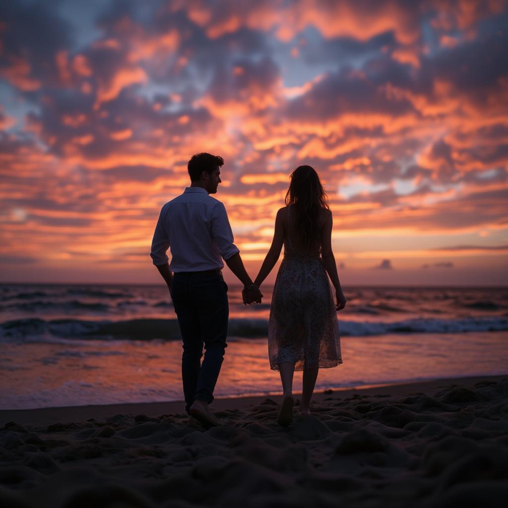 Couple holding hands on a beach at sunset