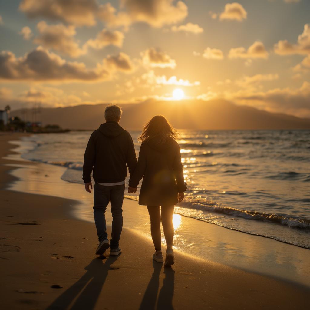 Couple holding hands on a sunset beach, symbolizing enduring love.