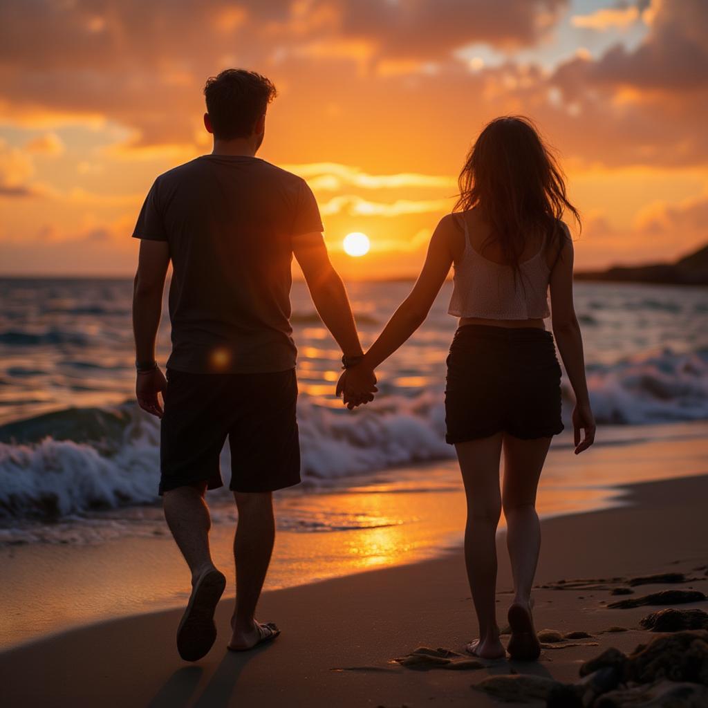 A couple holding hands, walking on a beach at sunset, symbolizing a strong and loving relationship.