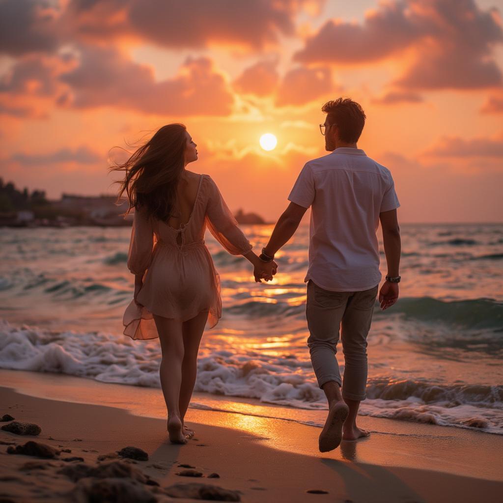 Couple Holding Hands at Sunset on the Beach