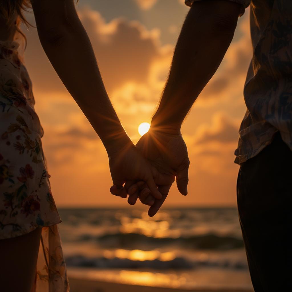 Couple Holding Hands at Sunset on the Beach