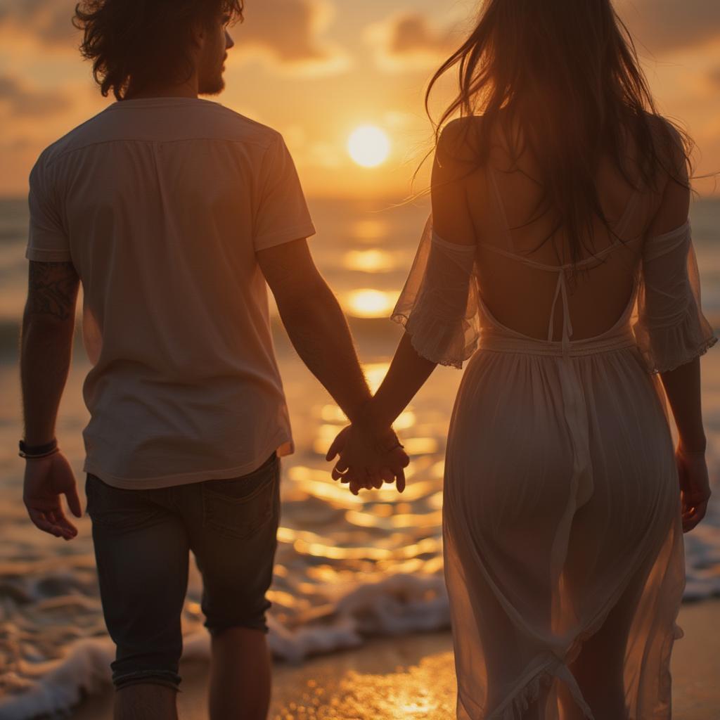 Couple Holding Hands on a Sunset Beach: Love Quotes