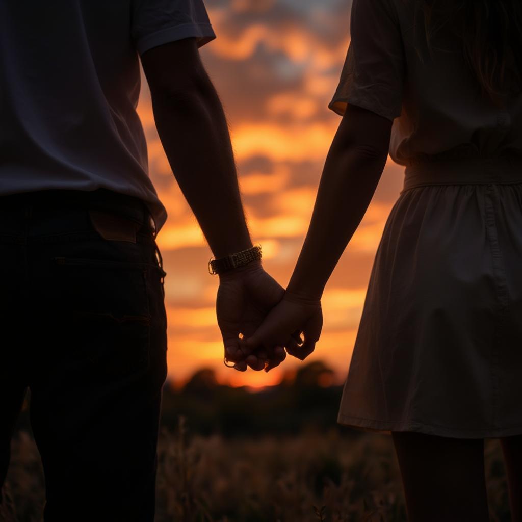 A couple holding hands against a beautiful sunset, symbolizing lasting love.