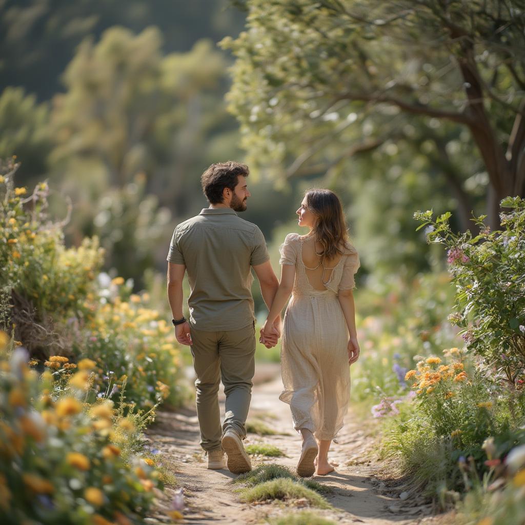 Couple holding hands while walking in nature