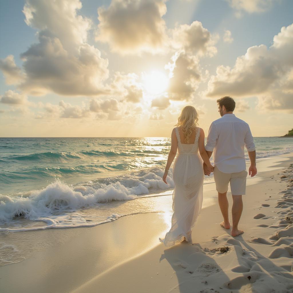 Couple holding hands walking on a tropical beach at sunset.