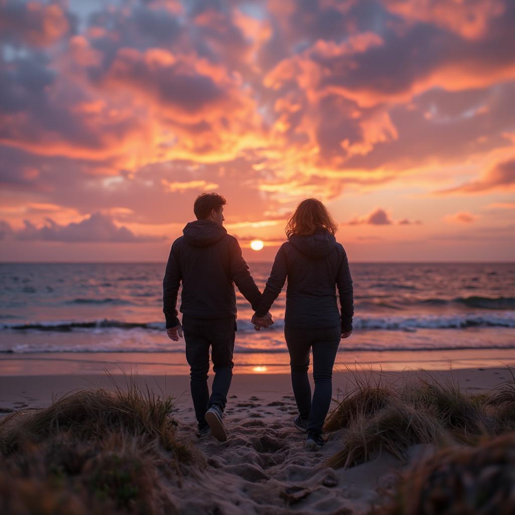 Couple holding hands walking on the beach at sunset