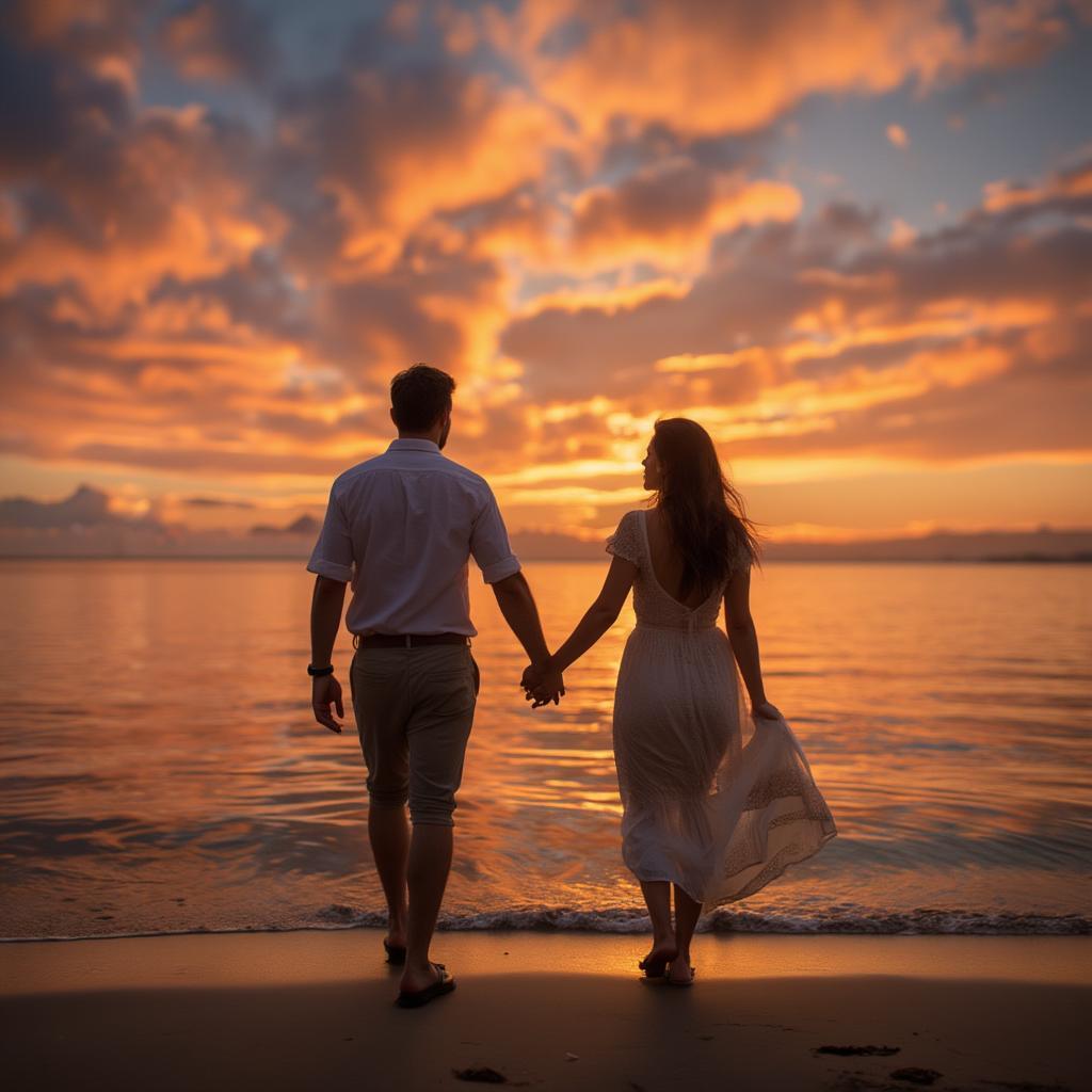 Couple holding hands walking on the beach at sunset, illustrating nonverbal love.